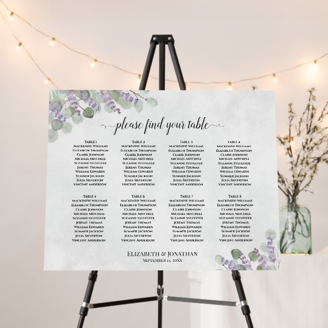 8 Table Lavender Eucalyptus Wedding Seating Chart Foam Board (In Situ (Stand))