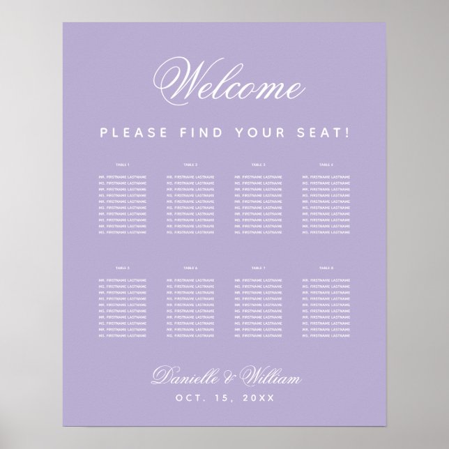 8 Table Lavender Purple Wedding Seating Chart  (Front)