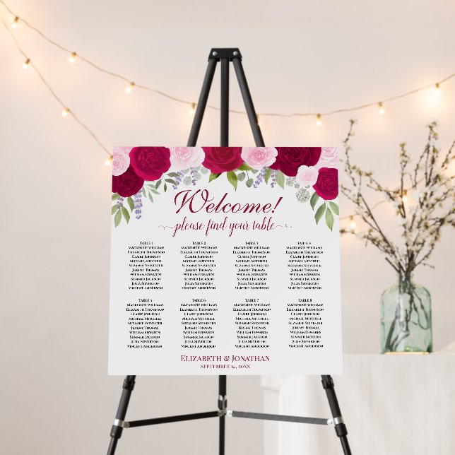 8 Table Magenta & Pink Roses Wedding Seating Chart Foam Board (In Situ (Stand))