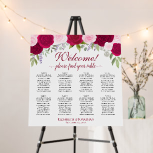 8 Table Magenta & Pink Roses Wedding Seating Chart Foam Board