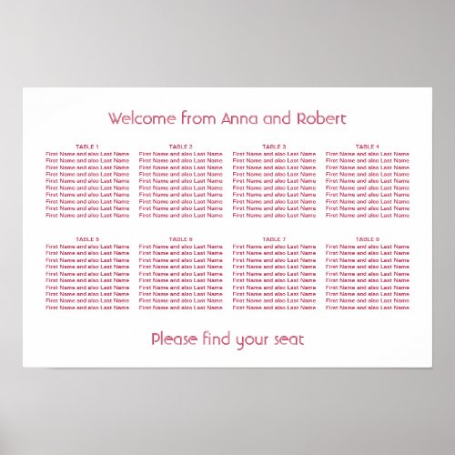 8 Table Minimalist Magenta Red Seating Chart