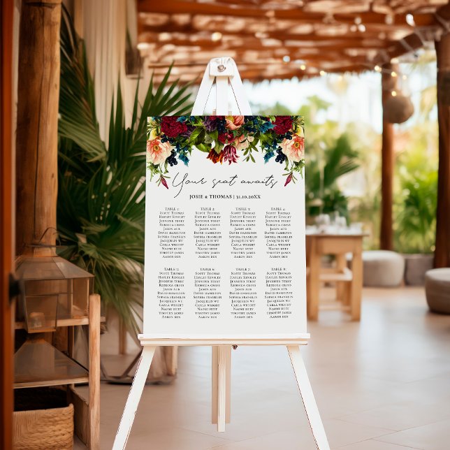 8 table Moody Floral Burgundy Wedding Seating Plan Foam Board (Creator Uploaded)