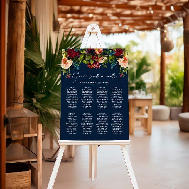 8 table Moody Floral Navy Wedding Seating Plan Foam Board (Creator Uploaded)