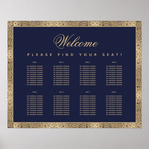 8 Table Navy Blue Vintage Gold Roses Seating Chart