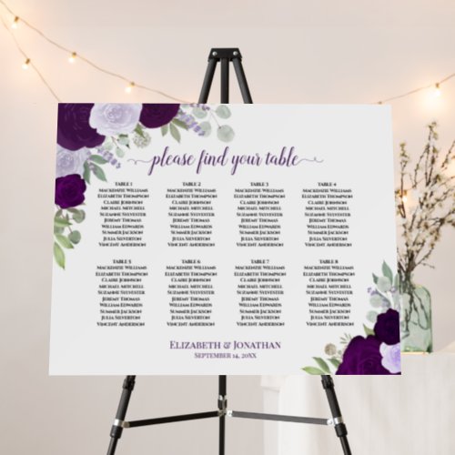 8 Table Purple Roses Boho Wedding Seating Chart Foam Board