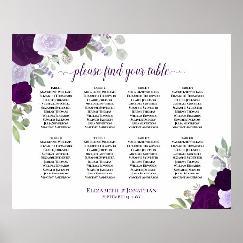 8 Table Purple Roses Elegant Wedding Seating Chart