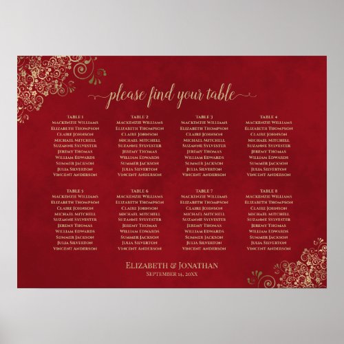 8 Table Red  Gold Lace Wedding Seating Chart