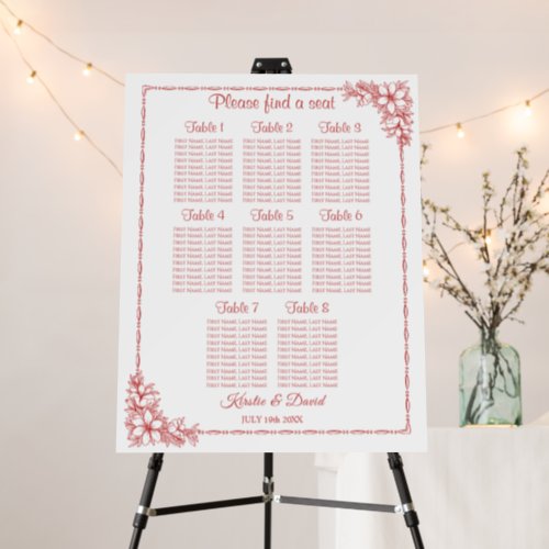 8 Table Red Ornate Floral Wedding Seating Chart Foam Board