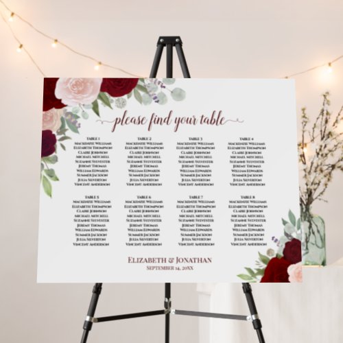 8 Table Red  Pink Roses Boho Chic Seating Chart Foam Board