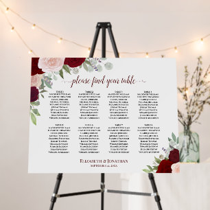 8 Table Red & Pink Roses Boho Chic Seating Chart Foam Board