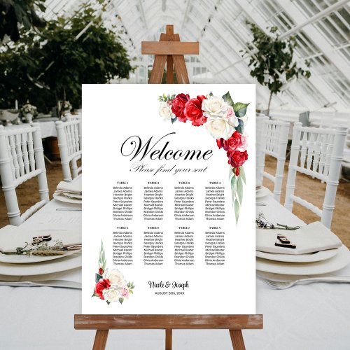 8 Table Red White Floral Wedding Seating Chart Foam Board