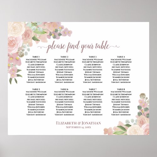 8 Table Rustic Pink Floral Wedding Seating Chart