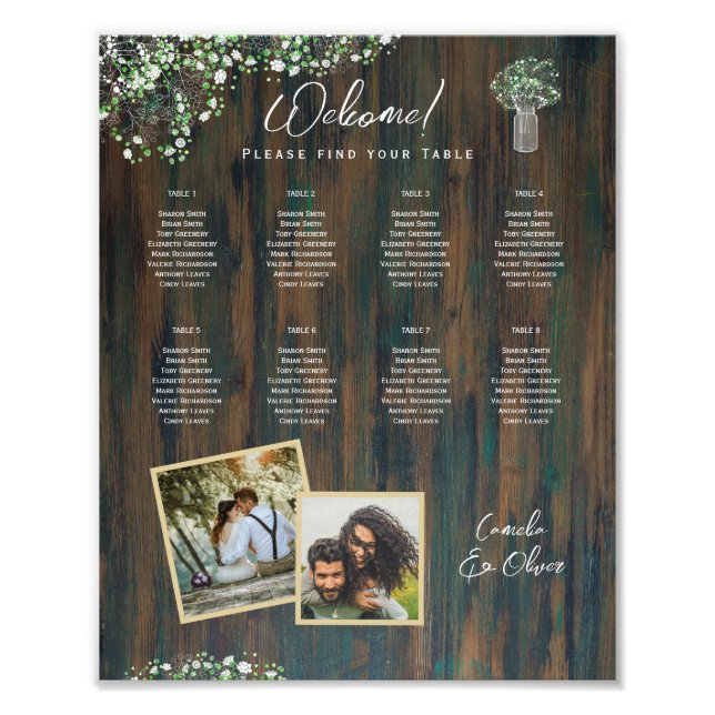 8 Table Rustic Wood Gypsophila PHOTO SEATING (Front)