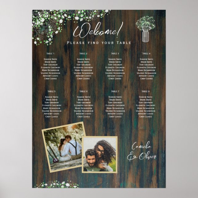 8 Table Rustic Wood Gypsophila PHOTO SEATING Poster (Front)