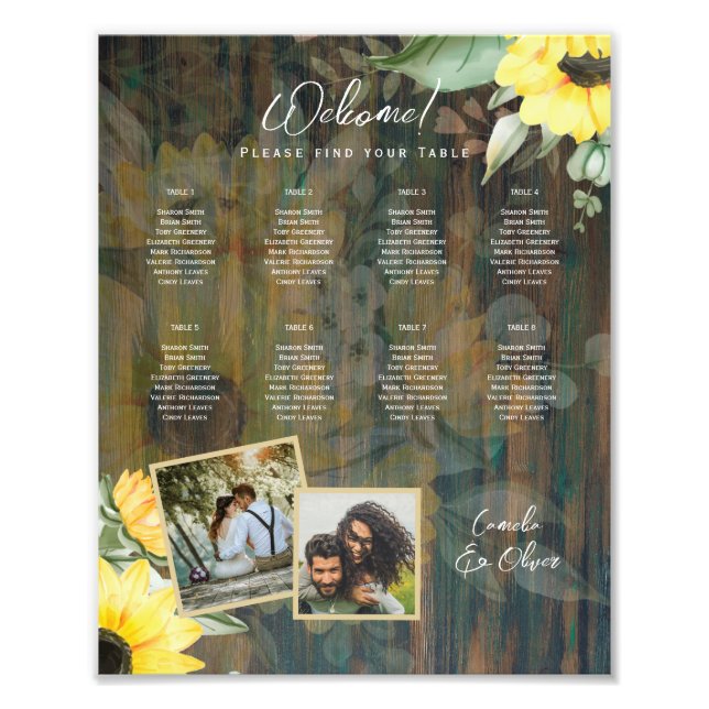 8 Table Rustic Wood SUNFLOWERS PHOTO SEATING (Front)