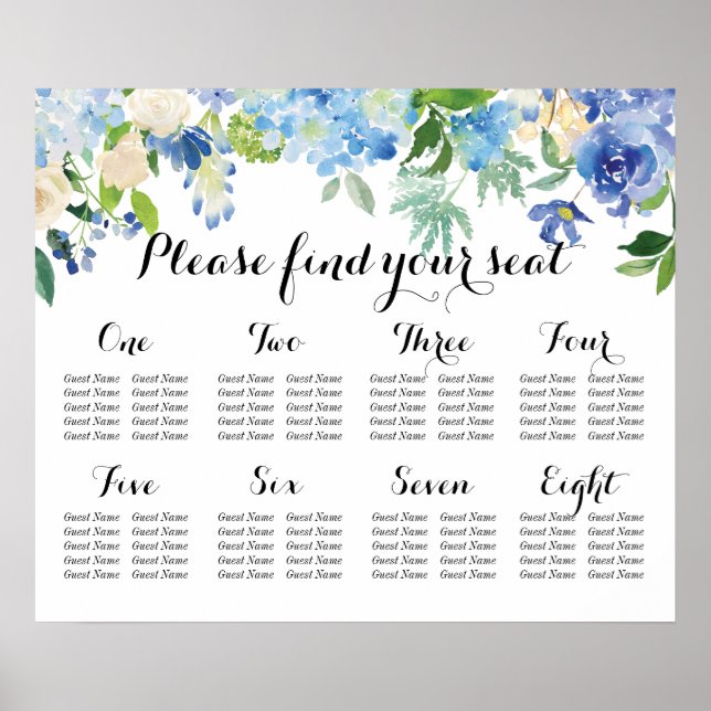 8 Table Seating Chart - Blue Florals and Hydrangea (Front)