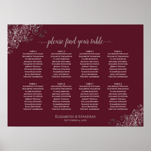 8 Table Silver Lace Burgundy Wedding Seating Chart