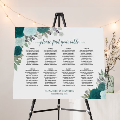 8 Table Teal Roses Boho Chic Wedding Seating Chart Foam Board