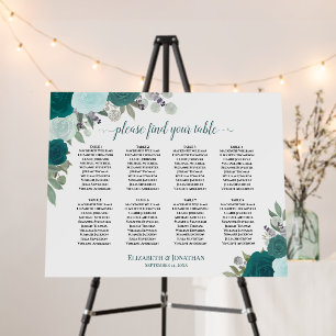 8 Table Teal Roses Boho Chic Wedding Seating Chart Foam Board