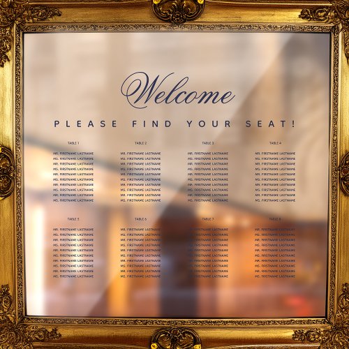 8 Table Transparent Navy Blue Script Seating Chart Window Cling