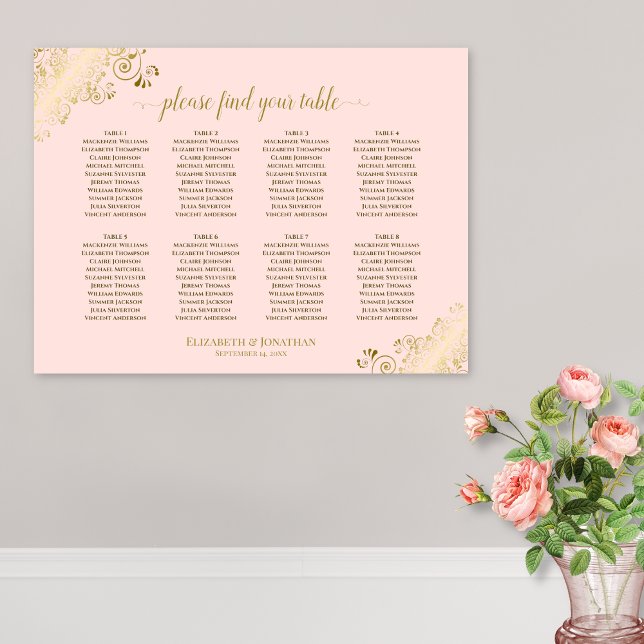8 Table Wedding Seating Chart Blush Pink & Gold (In Situ on Wall with Flowers)