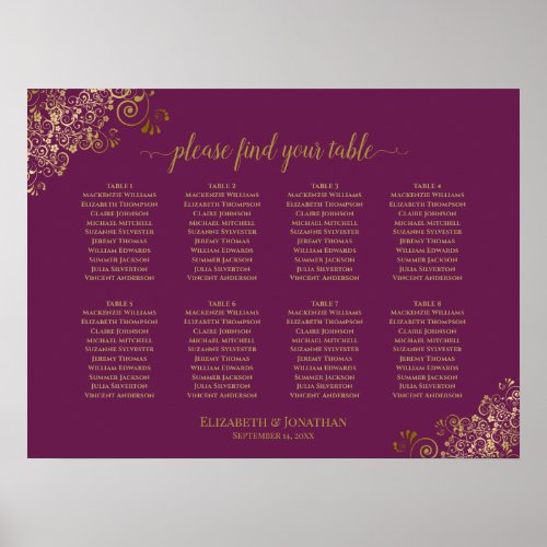 8 Table Wedding Seating Chart Cassis Purple  Gold