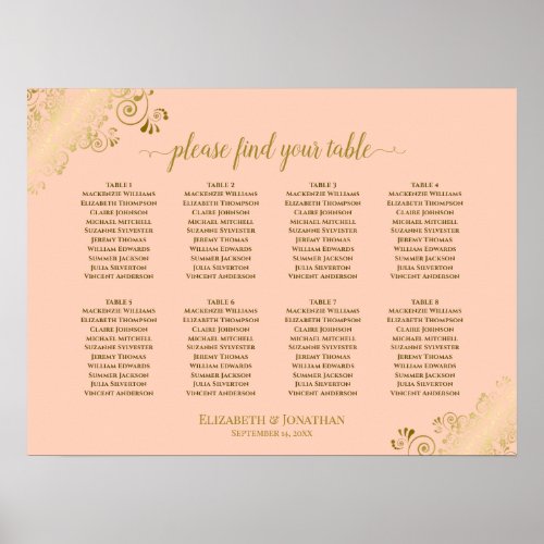 8 Table Wedding Seating Chart Coral Peach  Gold