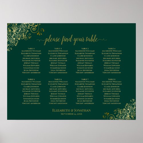 8 Table Wedding Seating Chart Emerald Green  Gold