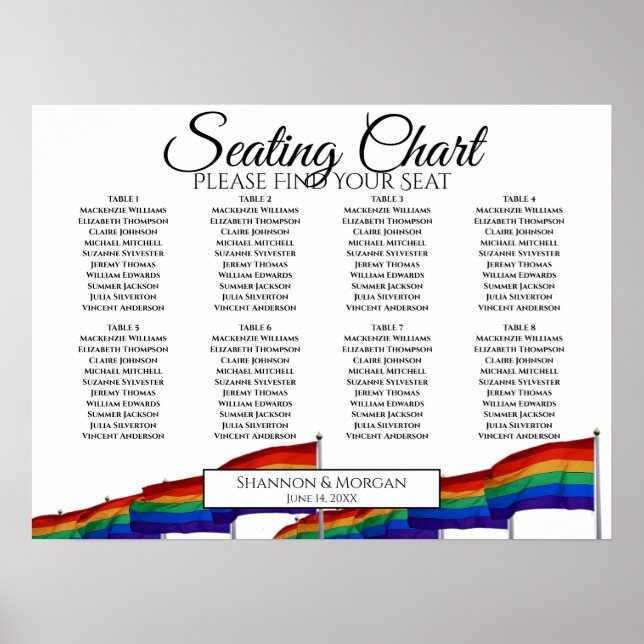8 Table Wedding Seating Chart Gay Rainbow Flags (Front)