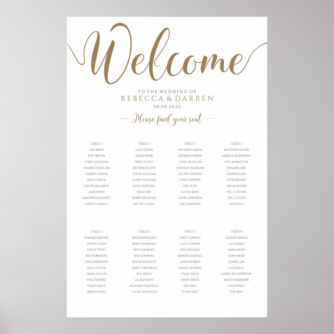 8 Table Wedding Seating Chart Gold Zazzle