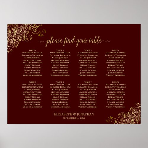 8 Table Wedding Seating Chart Gold Frills Auburn