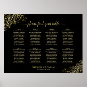8 Table Wedding Seating Chart Gold Frills on Black