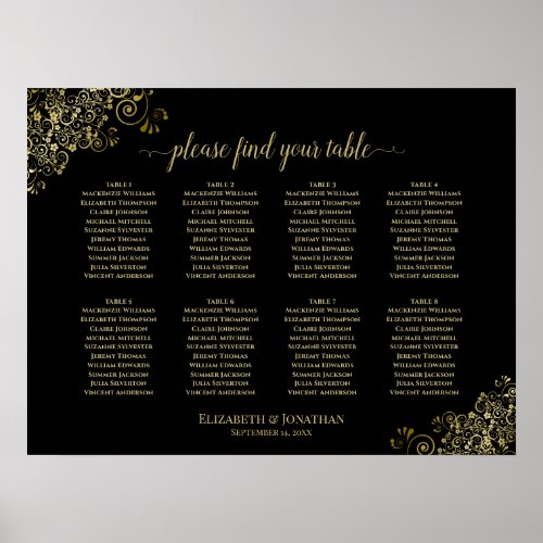 8 Table Wedding Seating Chart Gold Frills on Black