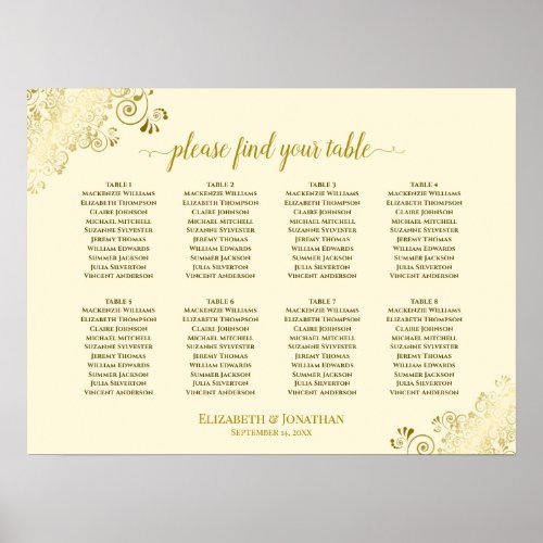 8 Table Wedding Seating Chart Gold Frills on Cream