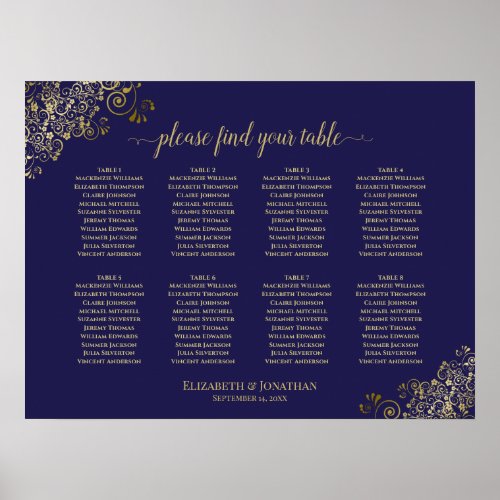 8 Table Wedding Seating Chart Lacy Gold Navy Blue