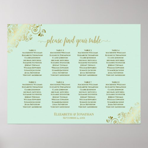 8 Table Wedding Seating Chart Mint Green  Gold