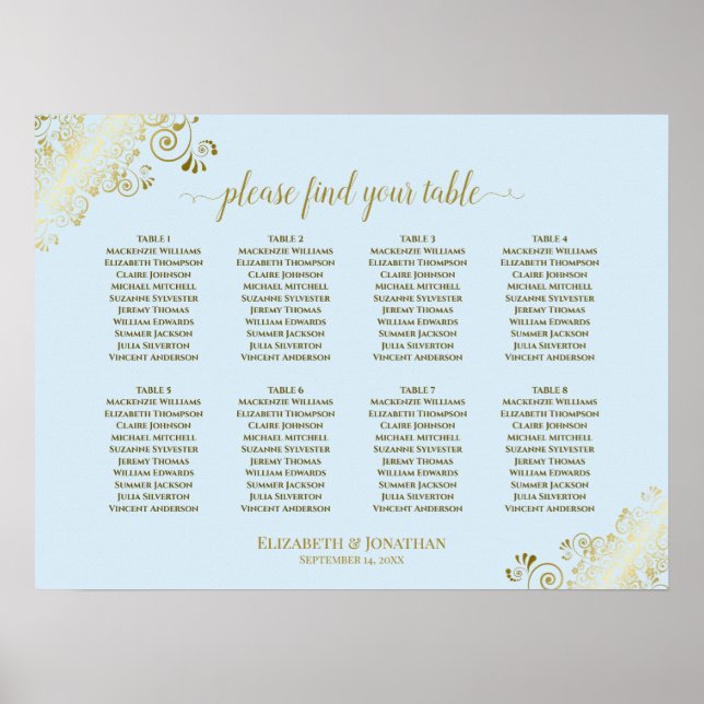 8 Table Wedding Seating Chart Powder Blue & Gold (Front)