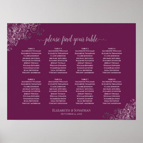 8 Table Wedding Seating Chart Silver on Cassis