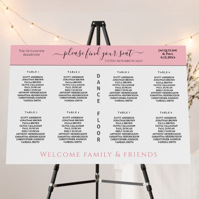 8 Table Wedding Seating Chart White Rose Pink Foam Board (In Situ (Stand))