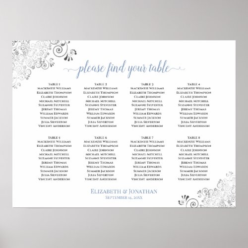 8 Table White  Blue Frilly Wedding Seating Chart