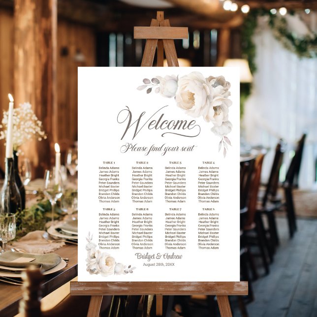 8 Table White Floral Wedding Seating Chart Foam Board (Creator Uploaded)