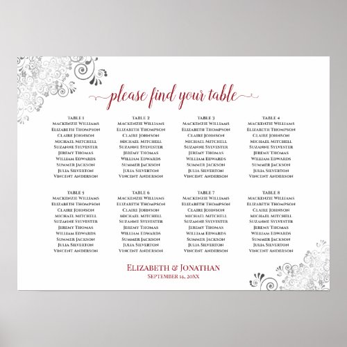 8 Table White  Red Frilly Wedding Seating Chart