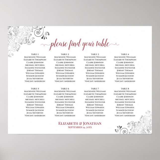 8 Table White & Red Frilly Wedding Seating Chart (Front)