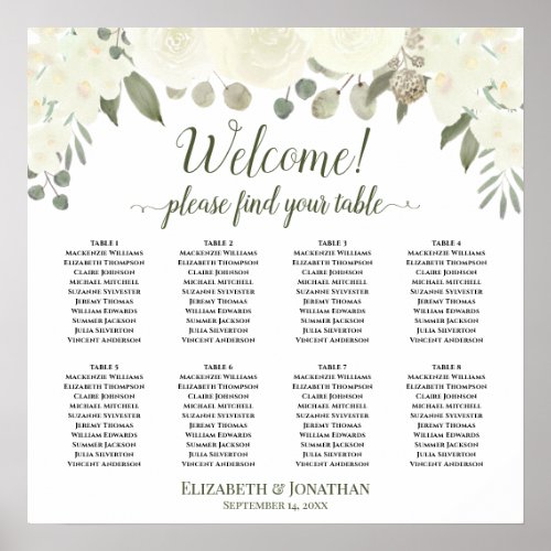 8 Table White Roses Boho Wedding Seating Chart