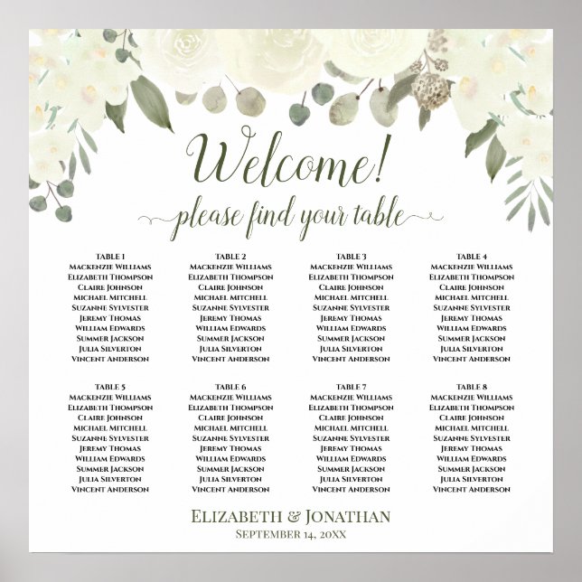 8 Table White Roses Boho Wedding Seating Chart (Front)