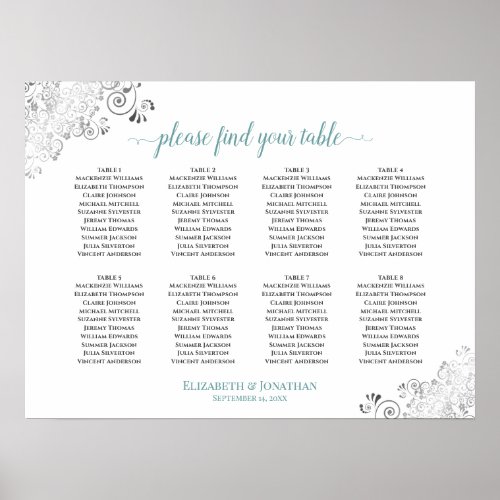 8 Table White  Teal Frilly Wedding Seating Chart