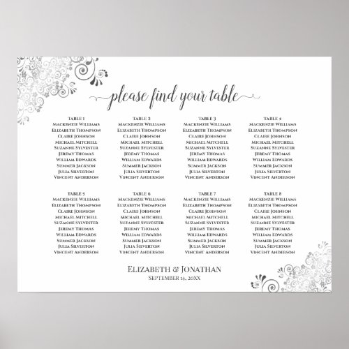 8 Table White Wedding Seating Chart Silver Frills