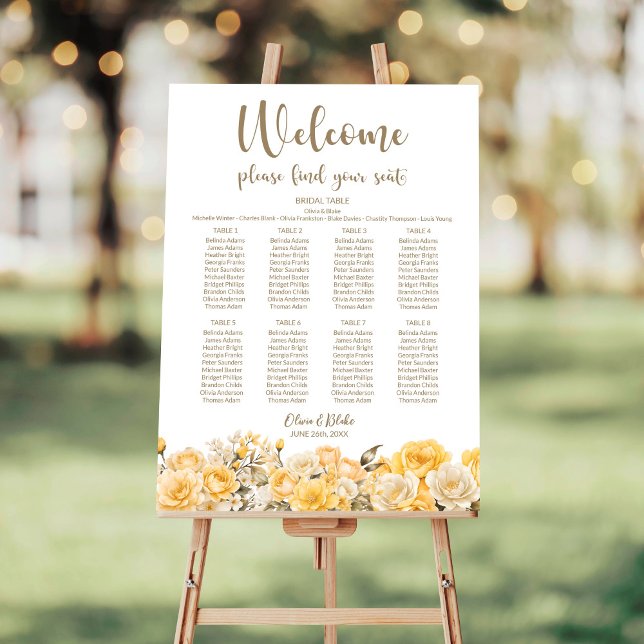 8 Table Yellow Rose Floral Wedding Seating Chart Foam Board (Creator Uploaded)