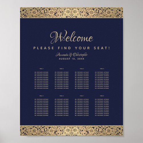 8 Tables Navy Blue Wedding Seating Chart Gold Rose