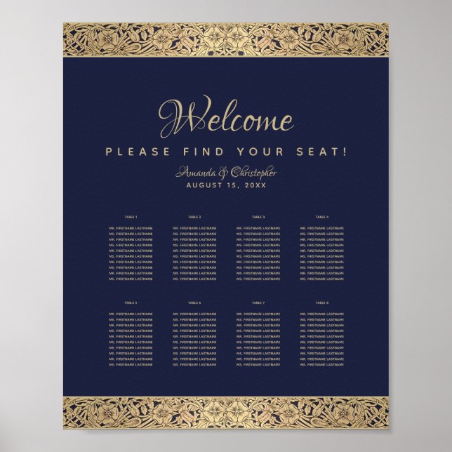 8 Tables Navy Blue Wedding Seating Chart Gold Rose (Front)